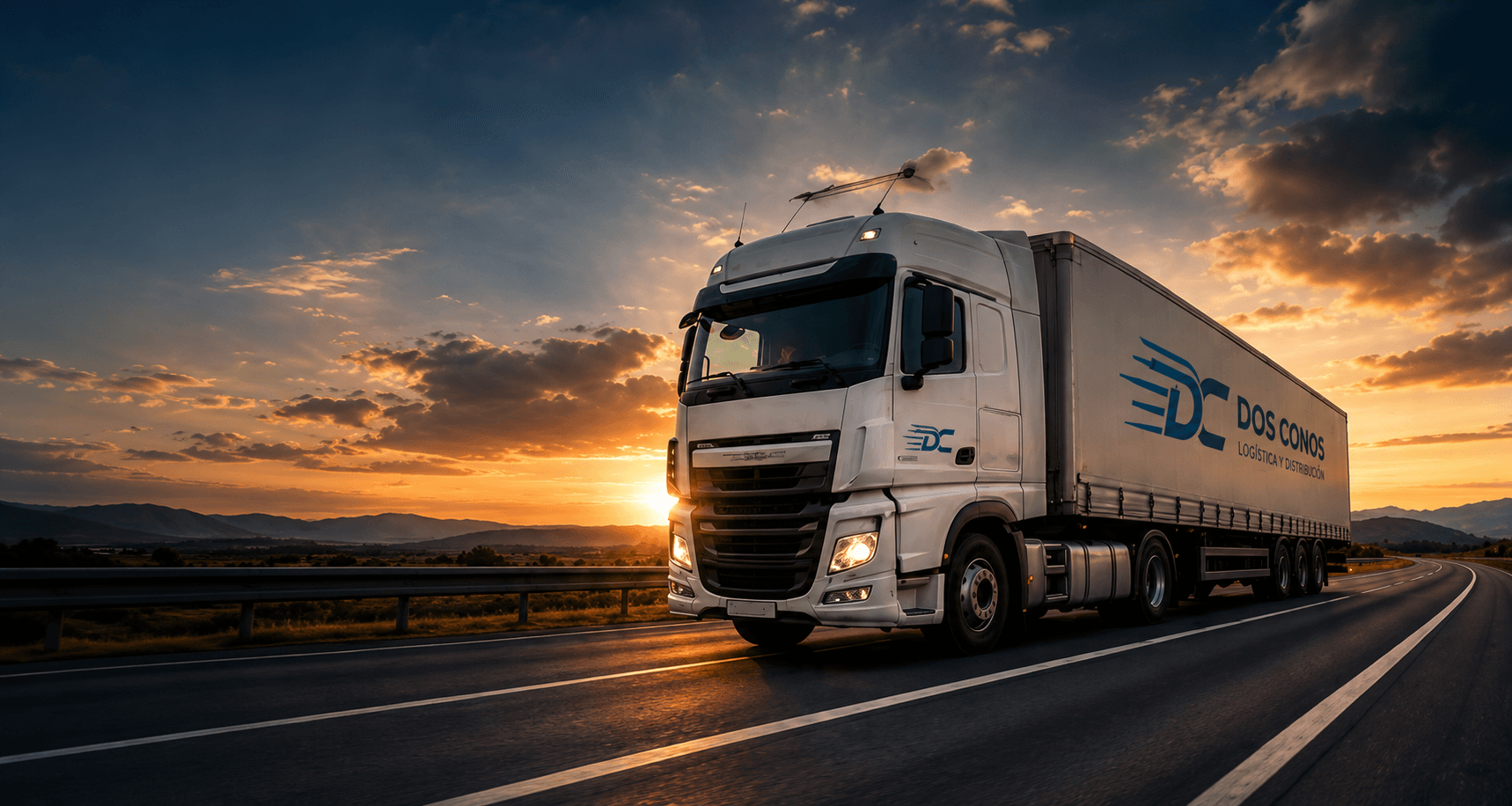 Camión Dos Conos en ruta al atardecer